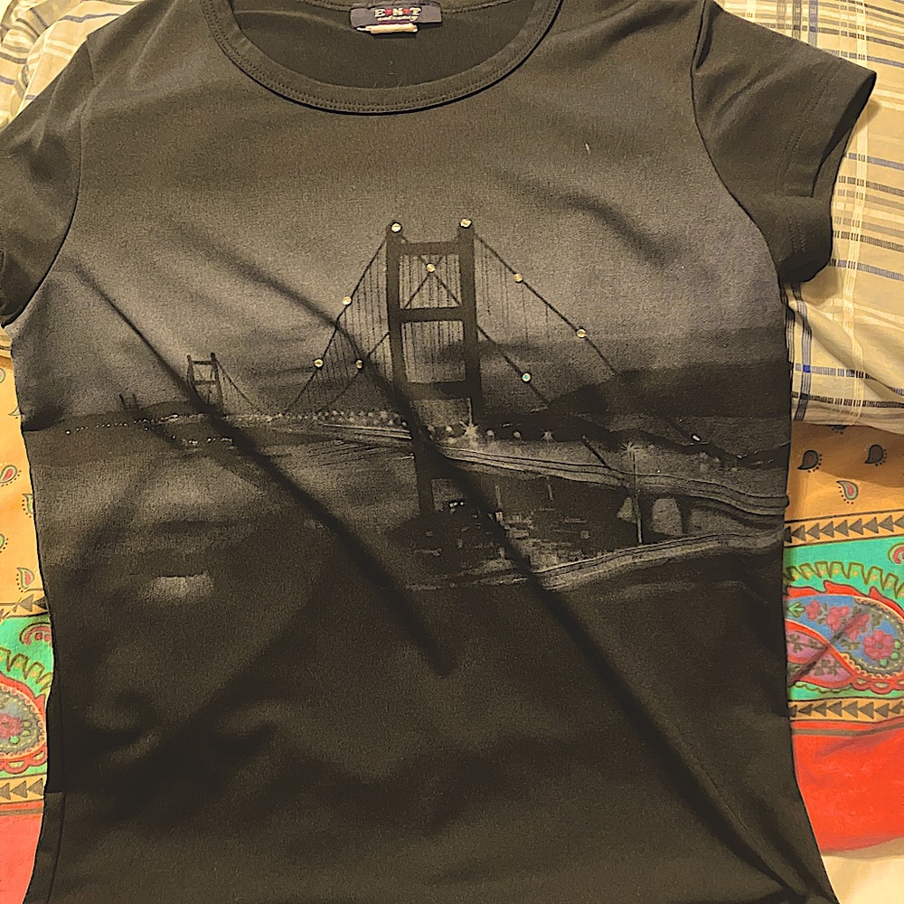 COPY - Small black shirt with image of SF bridge with rhinestones